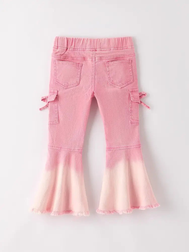 Pink Bell Bottom Jeans – Frayed Hem with Cargo Pockets - Jeans