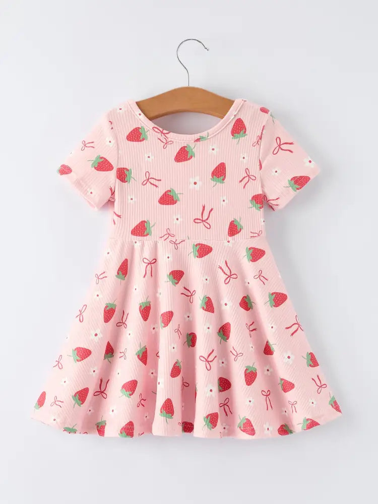 Strawberry Bow Girls Short Sleeves Dress Dress
