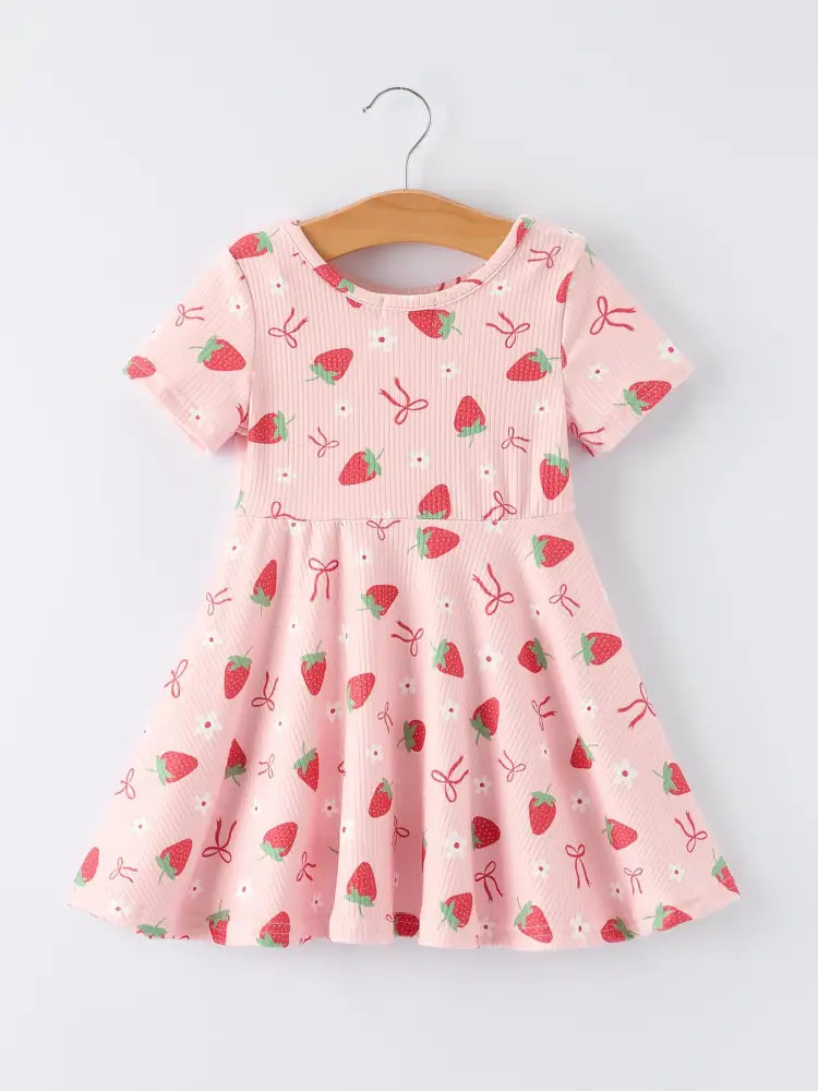 Strawberry Bow Girls Short Sleeves Dress Dress