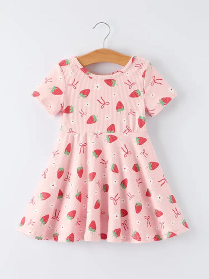 Strawberry Bow Girls Short Sleeves Dress Dress