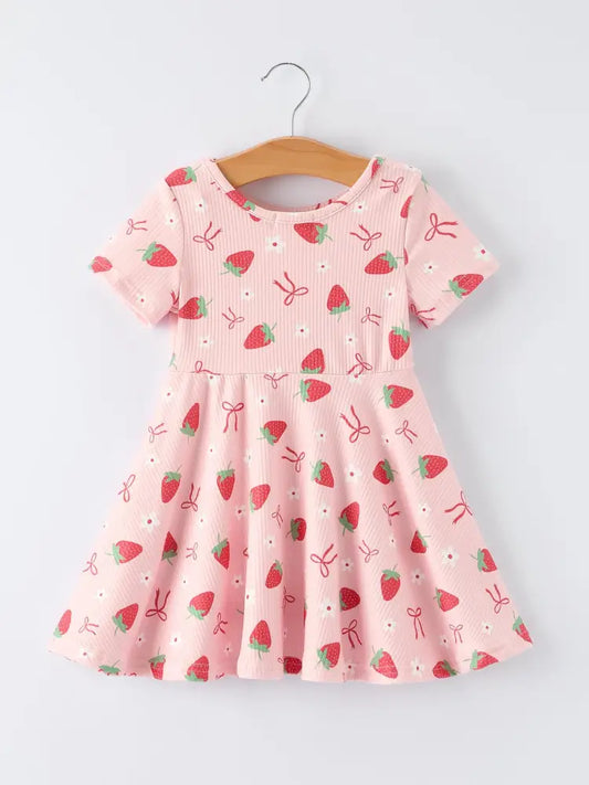 Strawberry Bow Girls Short Sleeves Dress Dress