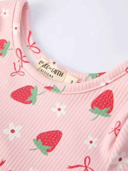 Strawberry Bow Girls Short Sleeves Dress Dress