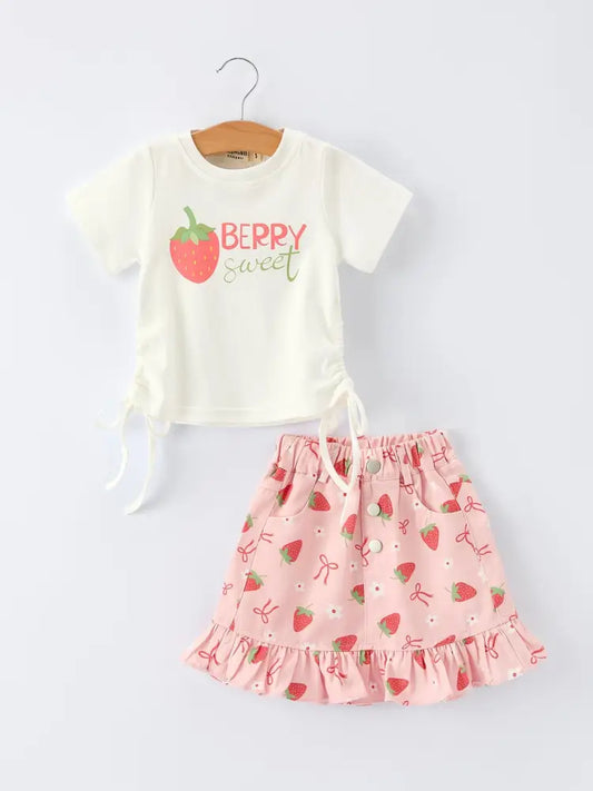 Girls’ Spring Short-sleeved ’Berry Sweet’ Printed Top and Skirt Set Outfit