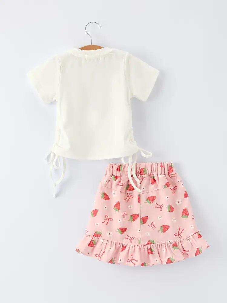 Girls’ Spring Short-sleeved ’Berry Sweet’ Printed Top and Skirt Set Outfit