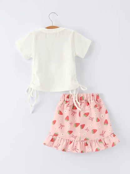 Girls’ Spring Short-sleeved ’Berry Sweet’ Printed Top and Skirt Set Outfit