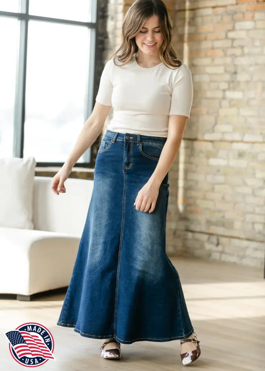 Bethany Dark Wash A-line Long Denim Skirt 2 IC Skirts