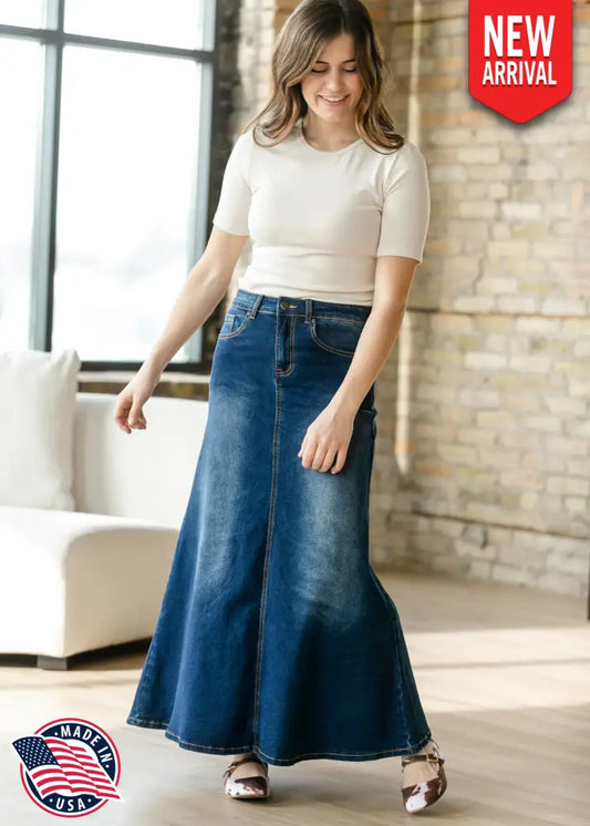 Bethany Dark Wash A-line Long Denim Skirt 2 IC Skirts