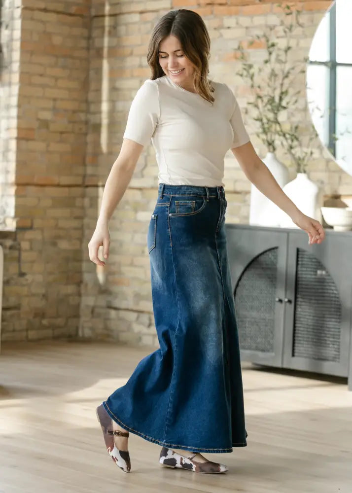 Bethany Dark Wash A-line Long Denim Skirt IC Skirts