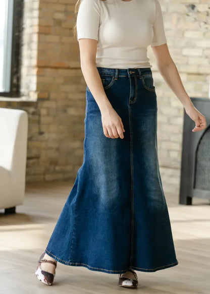 Bethany Dark Wash A-line Long Denim Skirt IC Skirts