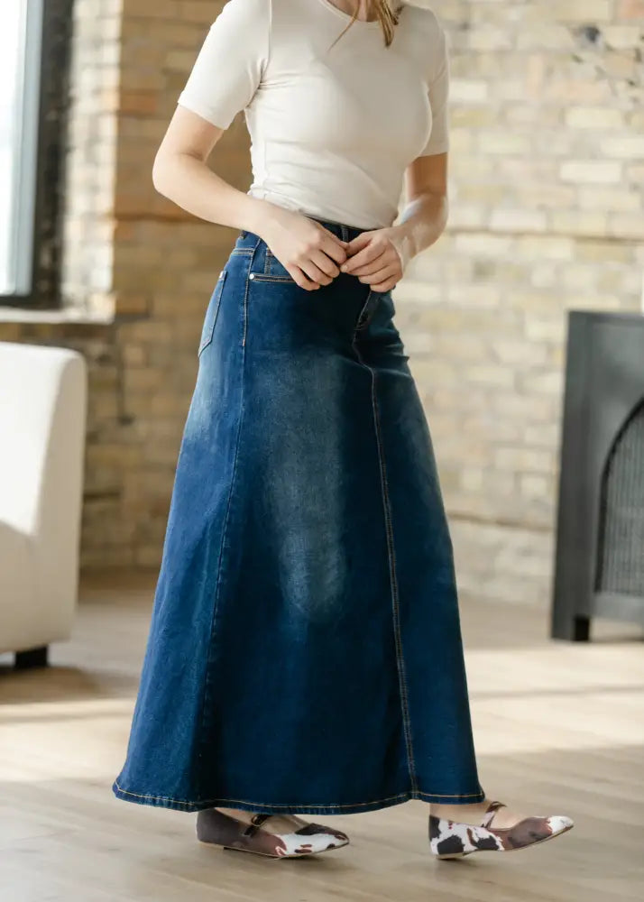 Bethany Dark Wash A-line Long Denim Skirt IC Skirts