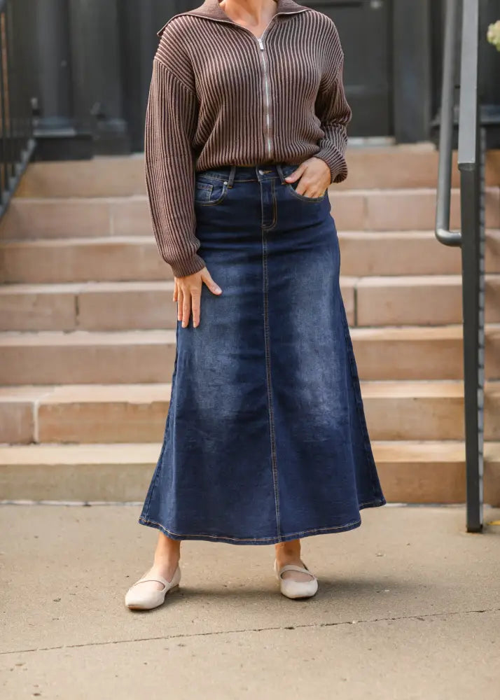 Bethany Dark Wash A-line Long Denim Skirt IC Skirts