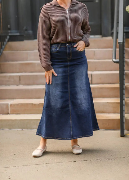 Bethany Dark Wash A-line Long Denim Skirt IC Skirts