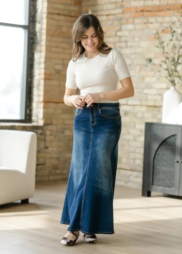 Bethany Dark Wash A-line Long Denim Skirt IC Skirts