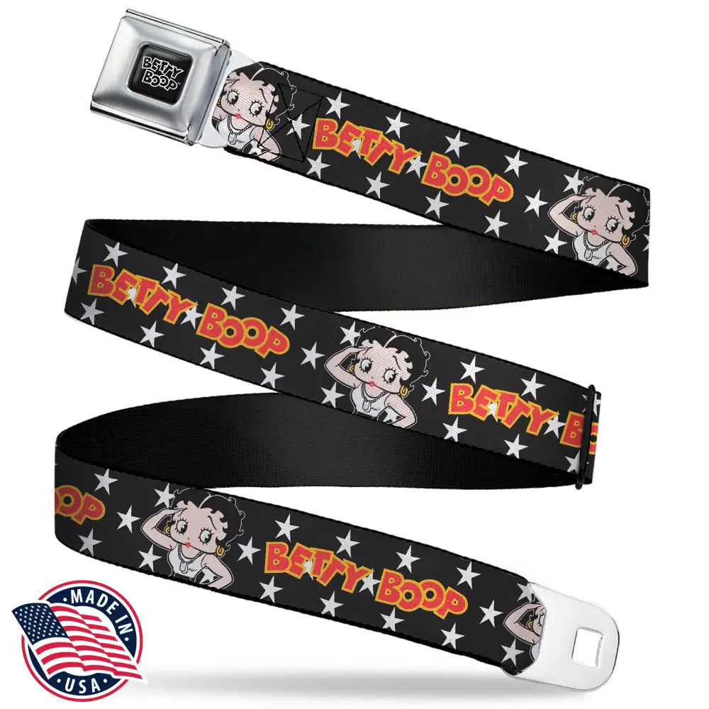 BETTY BOOP Title Logo Full Color Black/White Seatbelt Belt - BETTY BOOP Salute Pose and Text Stars