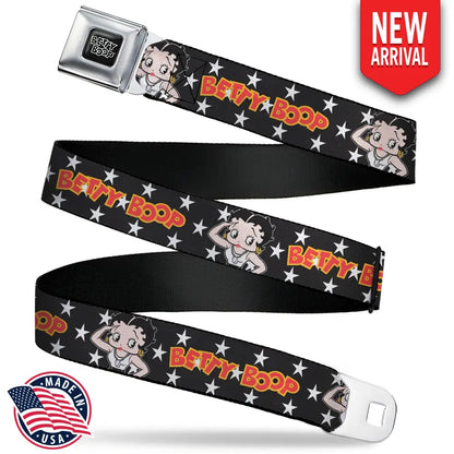 BETTY BOOP Title Logo Full Color Black/White Seatbelt Belt - BETTY BOOP Salute Pose and Text Stars