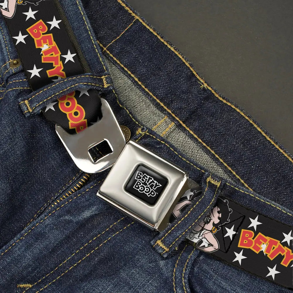 BETTY BOOP Title Logo Full Color Black/White Seatbelt Belt - BETTY BOOP Salute Pose and Text Stars