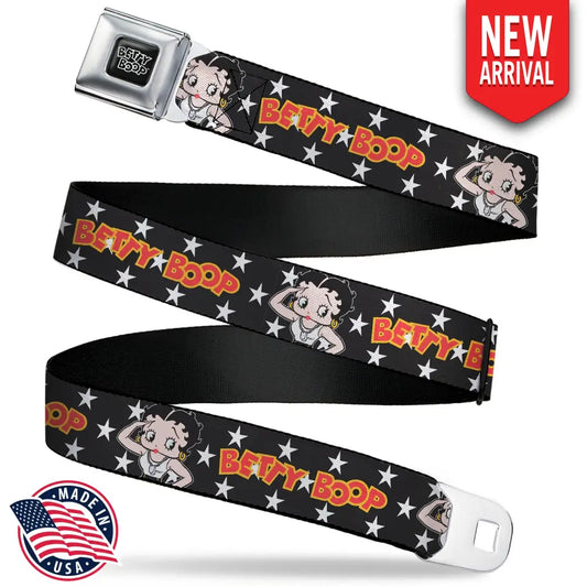 BETTY BOOP Title Logo Full Color Black/White Seatbelt Belt - BETTY BOOP Salute Pose and Text Stars