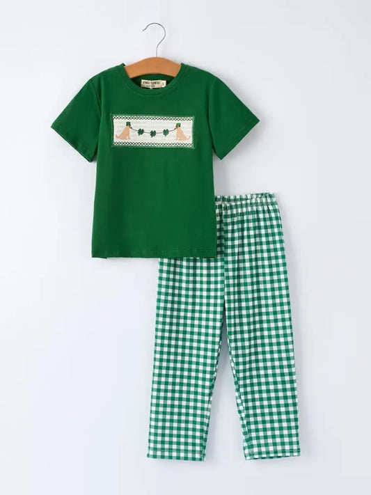 Boys St. Patrick’s Day Shamrock Puppy Smocked Plaid Set Outfit