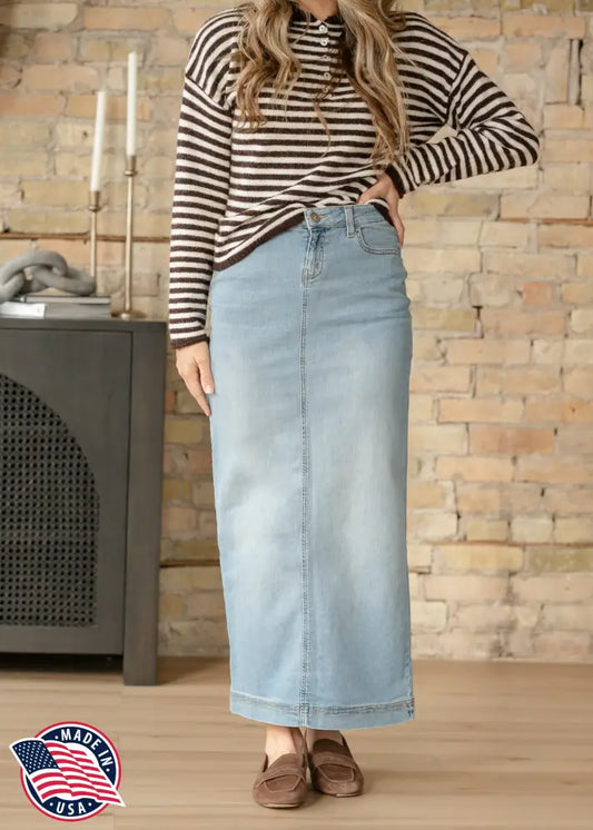 Bria Light Wash Denim Maxi Skirt - IC Skirts
