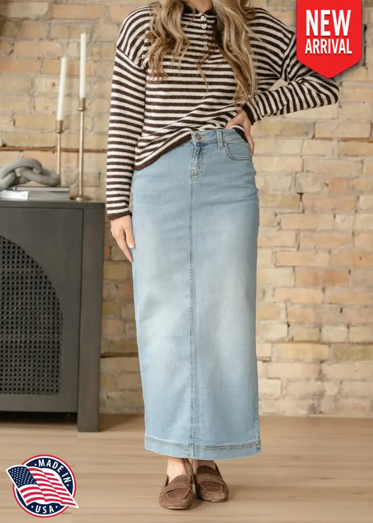 Bria Light Wash Denim Maxi Skirt - IC Skirts