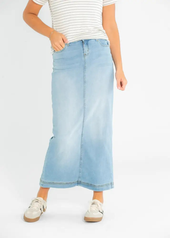 Bria Light Wash Denim Maxi Skirt - IC Skirts
