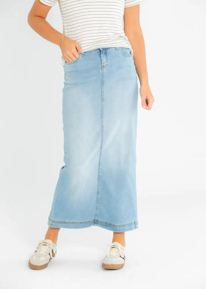 Bria Light Wash Denim Maxi Skirt - IC Skirts