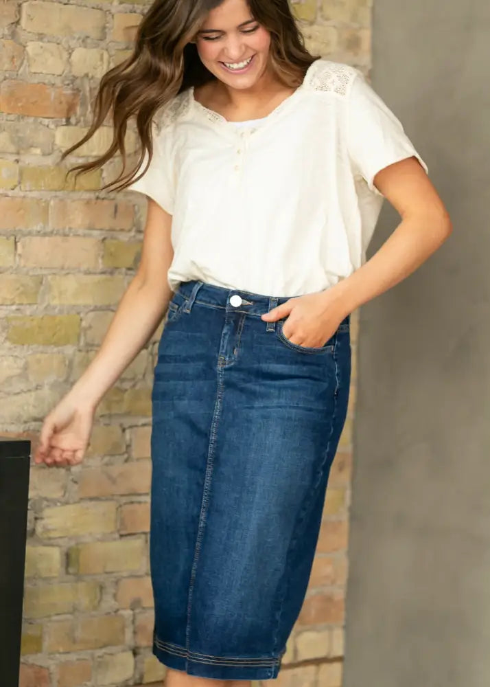 Bryn Dark Wash Denim Midi Skirt IC Skirts