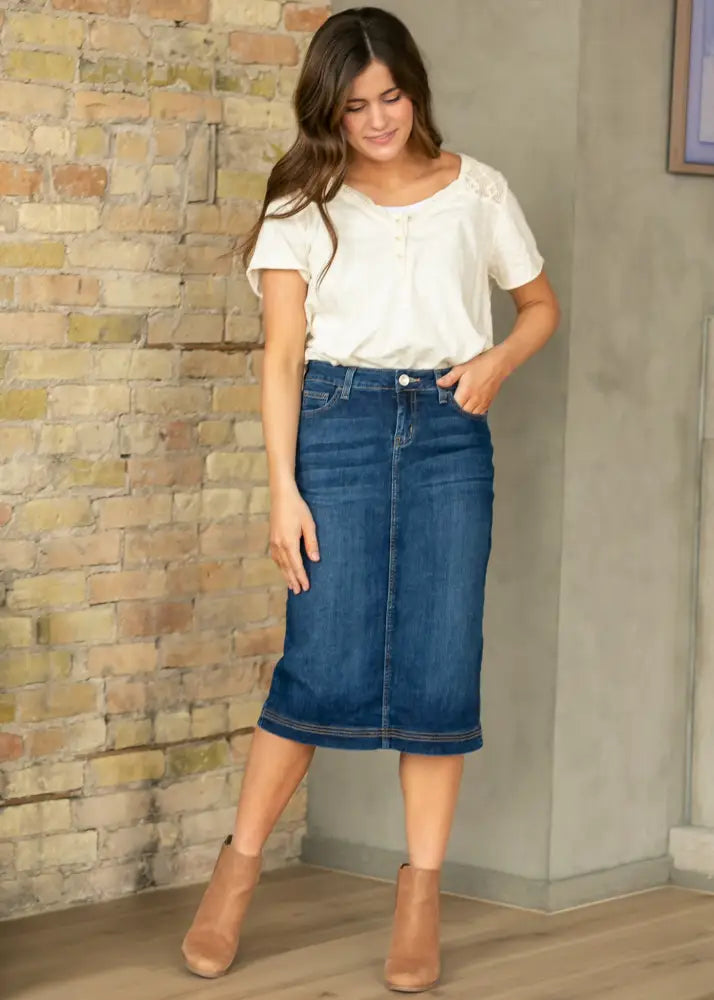 Bryn Dark Wash Denim Midi Skirt IC Skirts