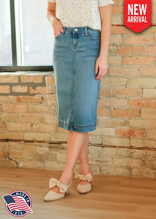 Bryn Light Wash Denim Midi Skirt IC Skirts