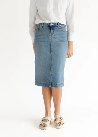 Bryn Light Wash Denim Midi Skirt IC Skirts
