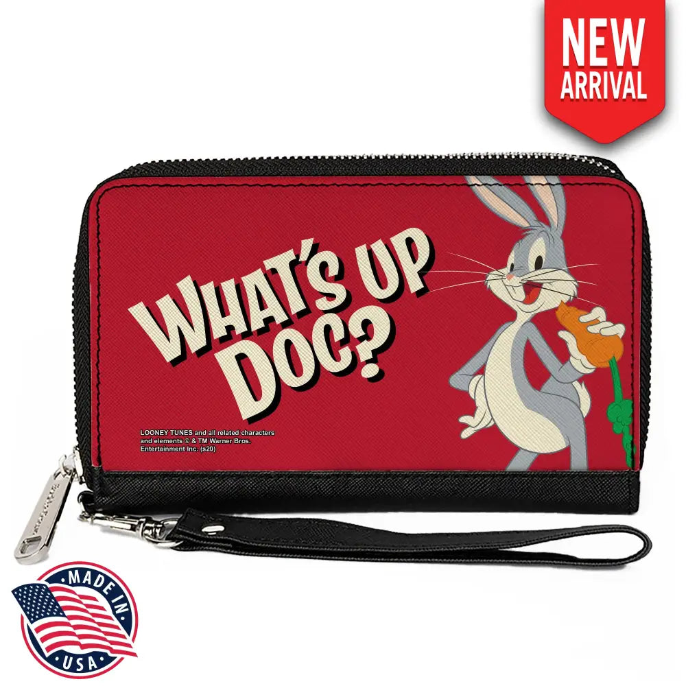 Women’s PU Zip Around Wallet Rectangle - Looney Tunes Bugs Bunny WHAT’S UP DOC? Carrot Pose Red Clutch Zip Around