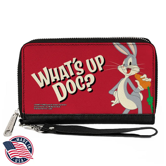 Women’s PU Zip Around Wallet Rectangle - Looney Tunes Bugs Bunny WHAT’S UP DOC? Carrot Pose Red Clutch Zip Around