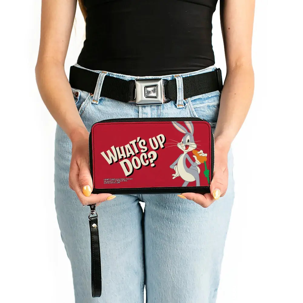 Women’s PU Zip Around Wallet Rectangle - Looney Tunes Bugs Bunny WHAT’S UP DOC? Carrot Pose Red Clutch Zip Around
