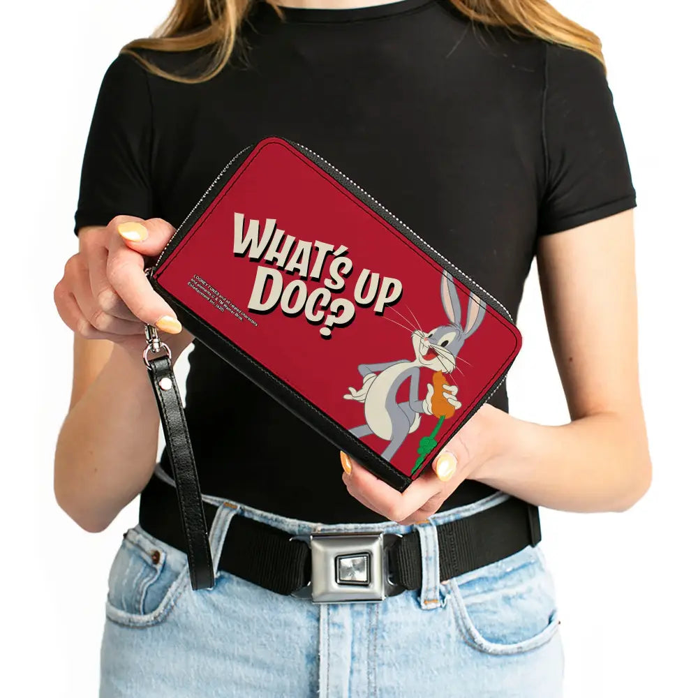 Women’s PU Zip Around Wallet Rectangle - Looney Tunes Bugs Bunny WHAT’S UP DOC? Carrot Pose Red Clutch Zip Around
