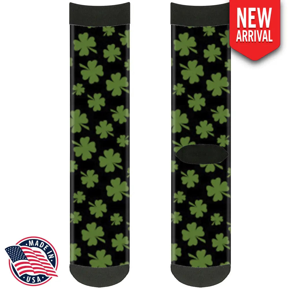Sock Pair - Polyester - St. Pat’s Clovers Scattered Black Green - CREW Socks
