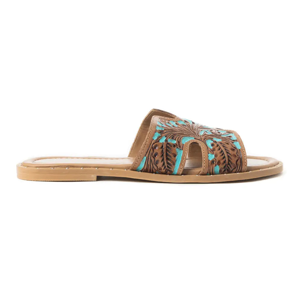 Myra Carmina Blue Embossed Leather Slip-On Sandals for Women â€“ Western H-Cut Slides with Studded Trim - 6 - Sandals