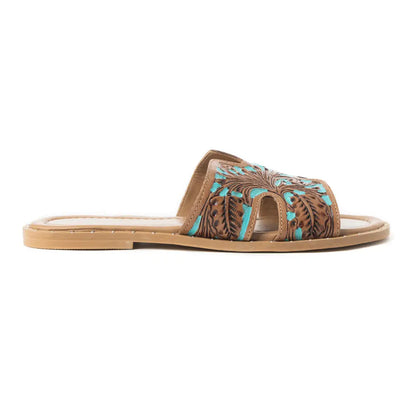 Myra Carmina Blue Embossed Leather Slip-On Sandals for Women â€“ Western H-Cut Slides with Studded Trim - 6 - Sandals