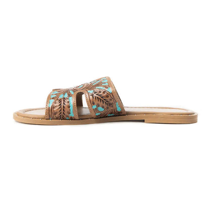 Myra Carmina Blue Embossed Leather Slip-On Sandals for Women â€“ Western H-Cut Slides with Studded Trim - Sandals