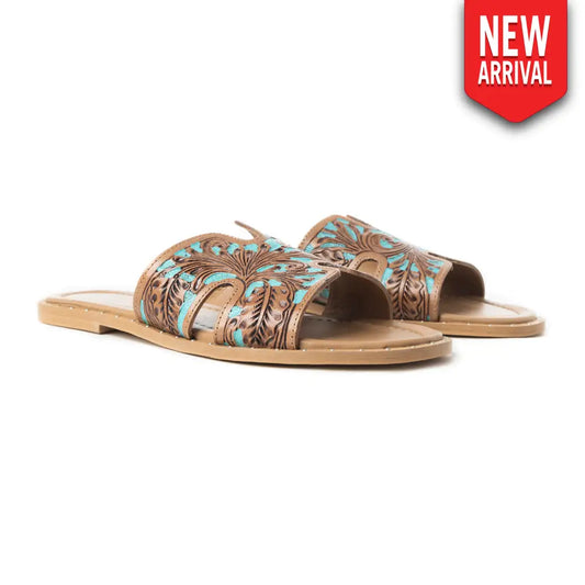 Myra Carmina Blue Embossed Leather Slip-On Sandals for Women â€“ Western H-Cut Slides with Studded Trim - Sandals