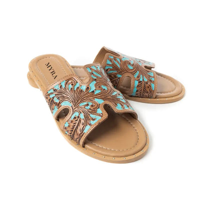 Myra Carmina Blue Embossed Leather Slip-On Sandals for Women â€“ Western H-Cut Slides with Studded Trim - Sandals