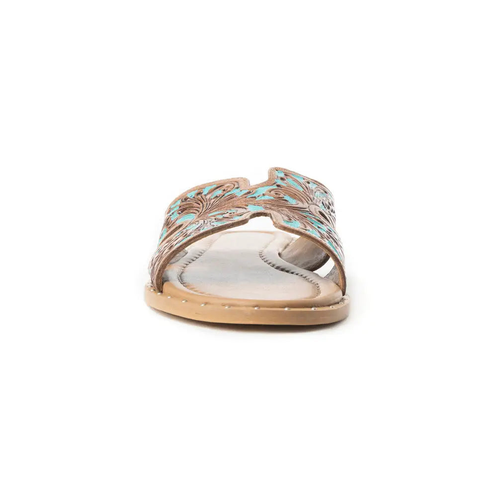 Myra Carmina Blue Embossed Leather Slip-On Sandals for Women â€“ Western H-Cut Slides with Studded Trim - Sandals