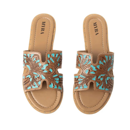Myra Carmina Blue Embossed Leather Slip-On Sandals for Women â€“ Western H-Cut Slides with Studded Trim - Sandals