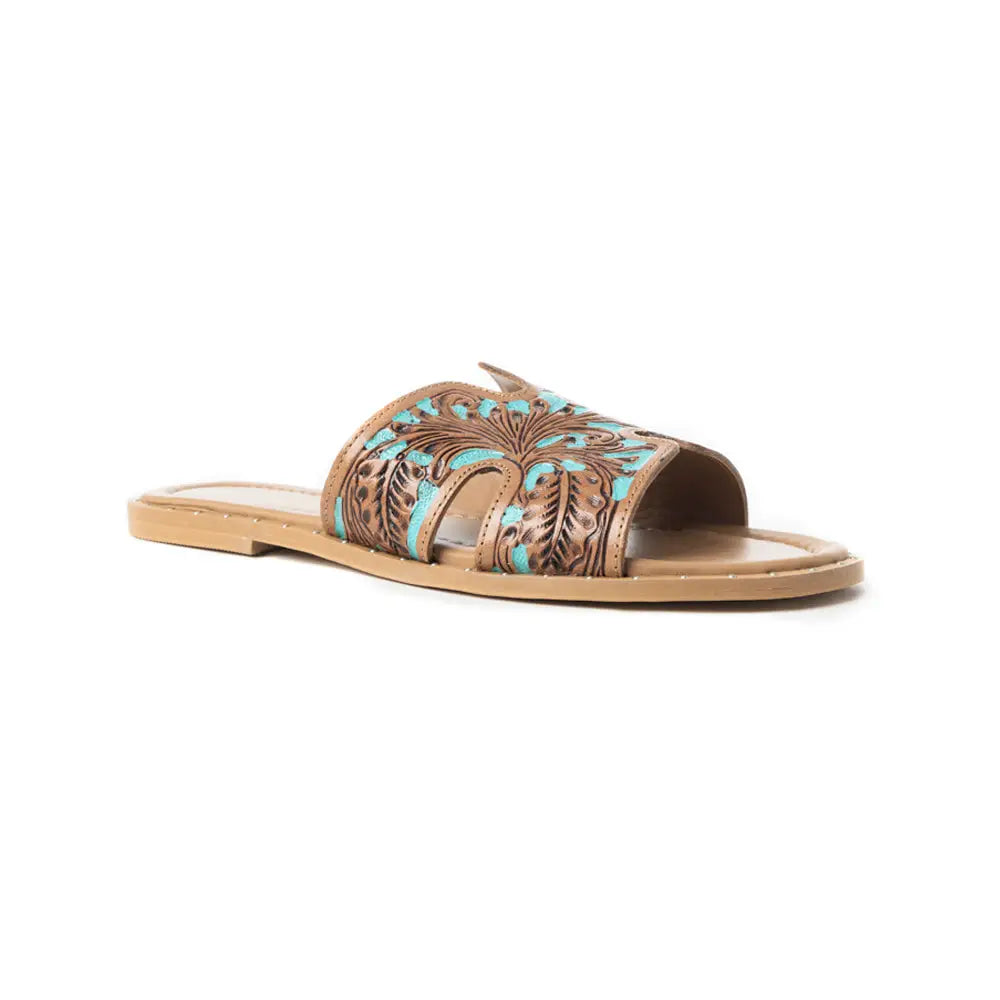 Myra Carmina Blue Embossed Leather Slip-On Sandals for Women â€“ Western H-Cut Slides with Studded Trim - Sandals
