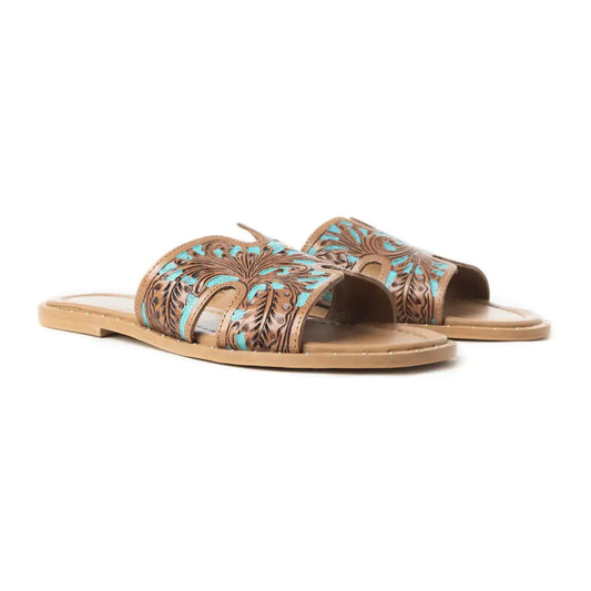 Myra Carmina Blue Embossed Leather Slip-On Sandals for Women â€“ Western H-Cut Slides with Studded Trim - Sandals