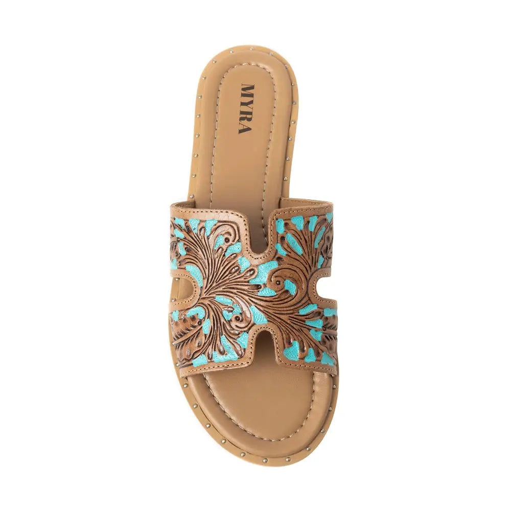 Myra Carmina Blue Embossed Leather Slip-On Sandals for Women â€“ Western H-Cut Slides with Studded Trim - Sandals