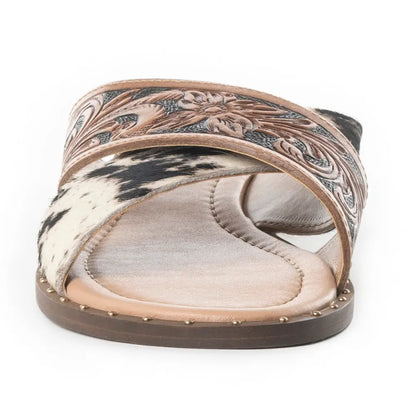 Myra Chappy Leather Slip-On Sandals for Women - Criss-cross Hairon & Tooled Leather Slides for Everyday Ranch Style