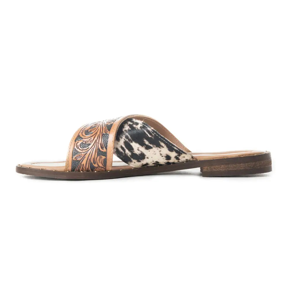 Myra Chappy Leather Slip-On Sandals for Women - Criss-cross Hairon & Tooled Leather Slides for Everyday Ranch Style