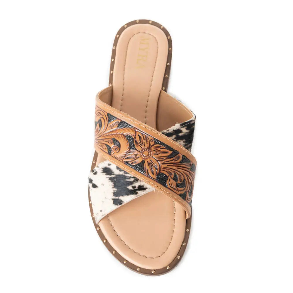 Myra Chappy Leather Slip-On Sandals for Women - Criss-cross Hairon & Tooled Leather Slides for Everyday Ranch Style