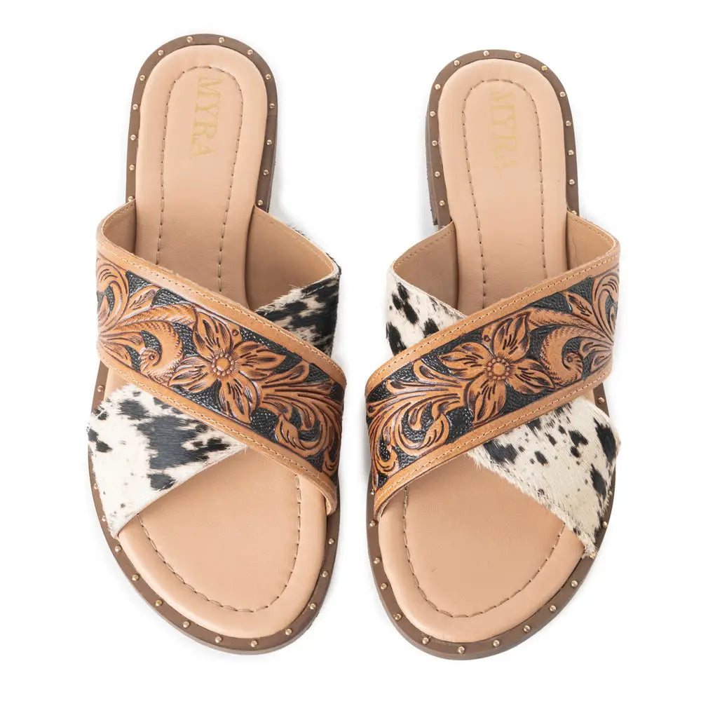 Myra Chappy Leather Slip-On Sandals for Women - Criss-cross Hairon & Tooled Leather Slides for Everyday Ranch Style