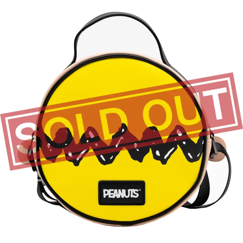 Peanuts Vegan Leather Round Crossbody Bag with Adjustable Straps Charlie Brown Smiling Face Character Close Up